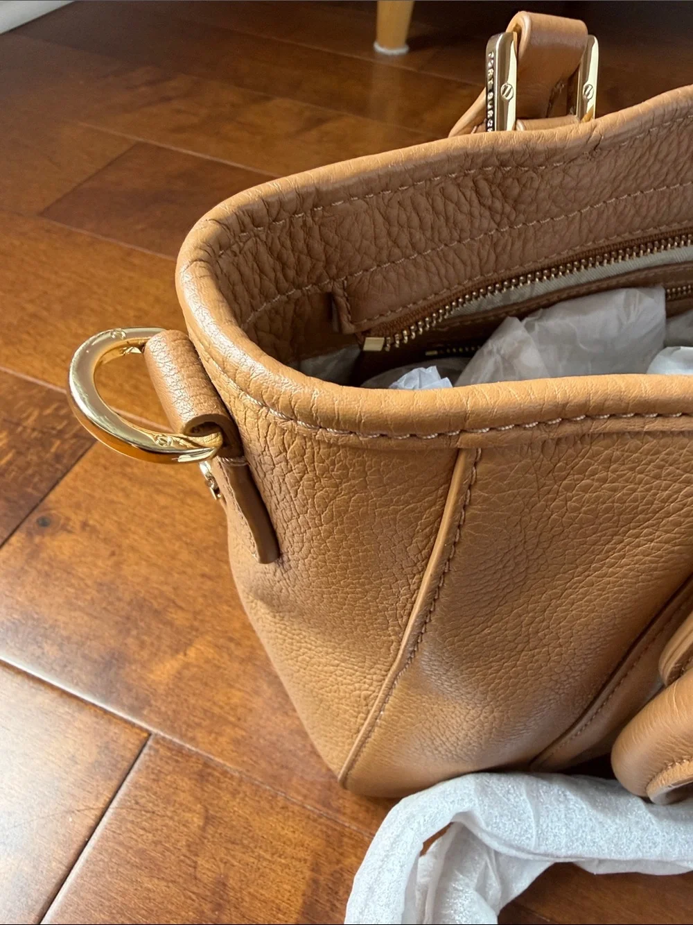 Tory Burch Cognac Pebbled Leather Tote with Logo Medallion